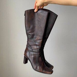 🍂 Y2K Vintage Dark Warm Brown Faded High-Heeled  Square Toes Leather Knee Boots